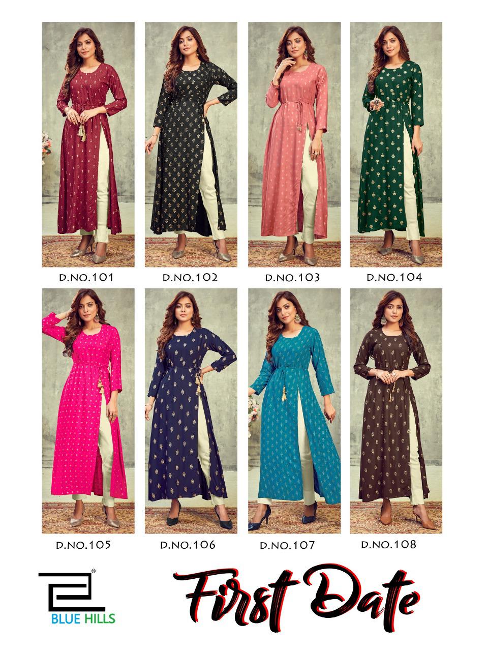 Blue Hills First Date Designers Long Printed Rayon Party Wear Kurtis Collection
